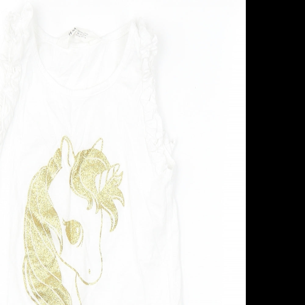 H&M Girls White   Basic T-Shirt Size 7-8 Years  - unicorn