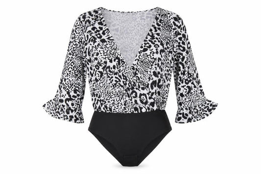 Boohoo Womens Black Animal Print  Bodysuit One-Piece Size 10  - flared sleeves