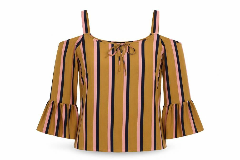 Matalan Womens Beige Striped  Basic Blouse Size 12  - cold shoulder