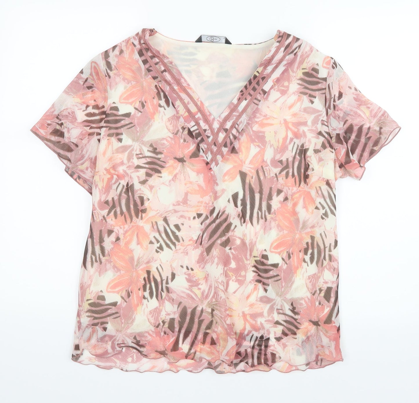 BM Womens Pink Geometric Mesh Basic Blouse Size 16