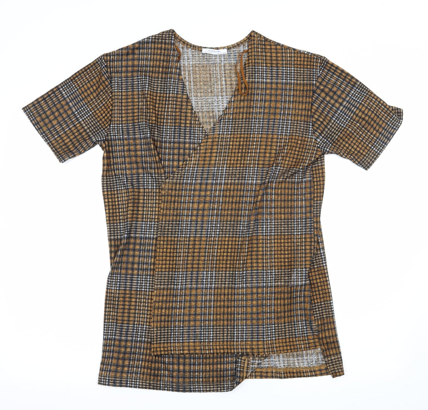 Zara Womens Brown Check Jersey Basic Blouse Size S