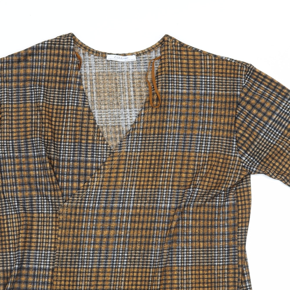 Zara Womens Brown Check Jersey Basic Blouse Size S