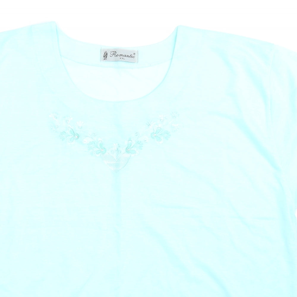 Romantic Womens Blue Floral  Basic T-Shirt Size 2XL