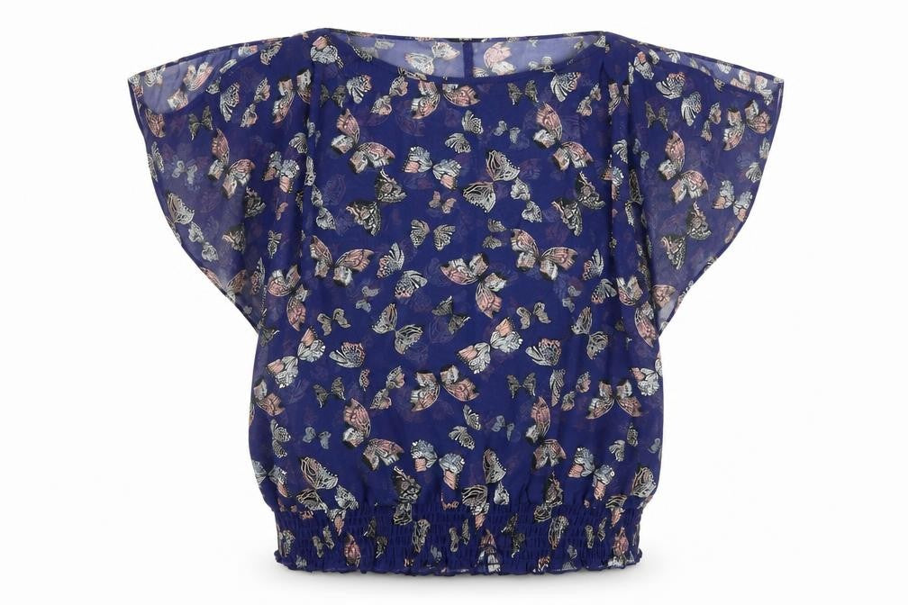 F&G Womens Blue Geometric Chiffon Basic Blouse Size 6  - Butterflies