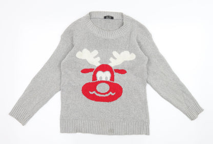 Preloved Q-10 collection Womens Grey  Knit Pullover Jumper Size S  - Rudolph Christmas - Front