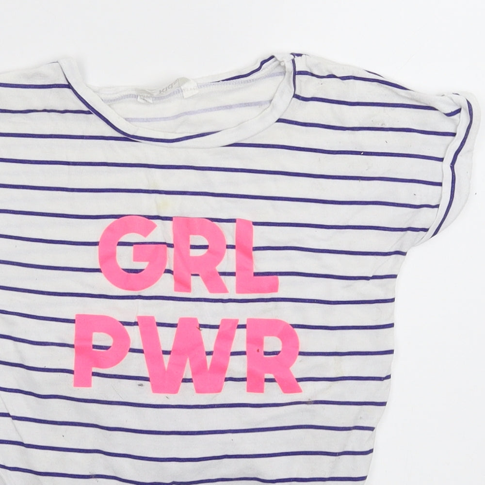 M&Co Girls White Striped  Basic T-Shirt Size 6-7 Years