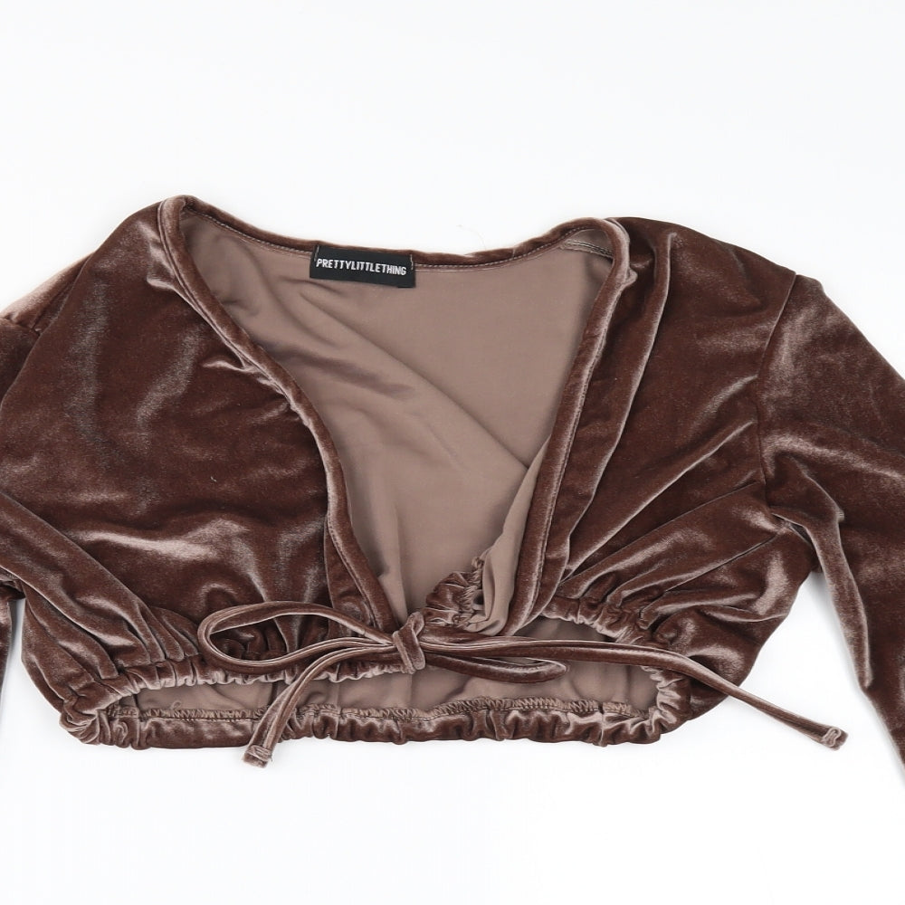 PRETTYLITTLETHING Womens Brown   Cropped Blouse Size 6  - CROPPED