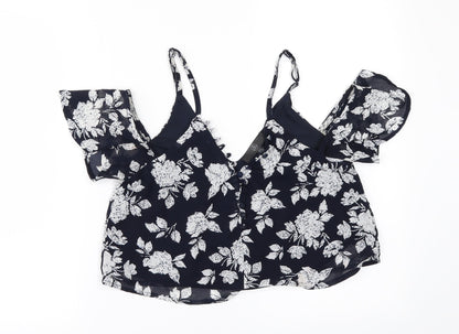 Preloved Missguided Womens Blue Floral  Cropped Blouse Size 8  - COLD SHOULDER - Front
