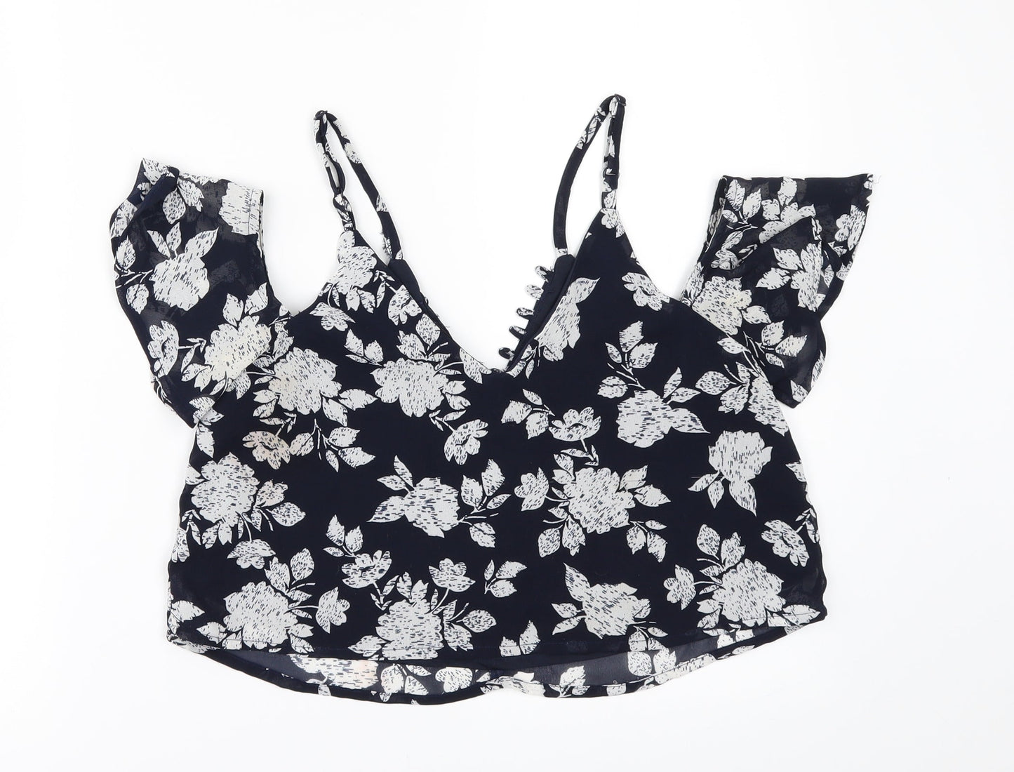 Missguided Womens Blue Floral  Cropped Blouse Size 8  - COLD SHOULDER