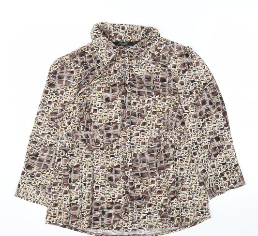 ESSETIALS Womens Brown Animal Print  Basic Button-Up Size M