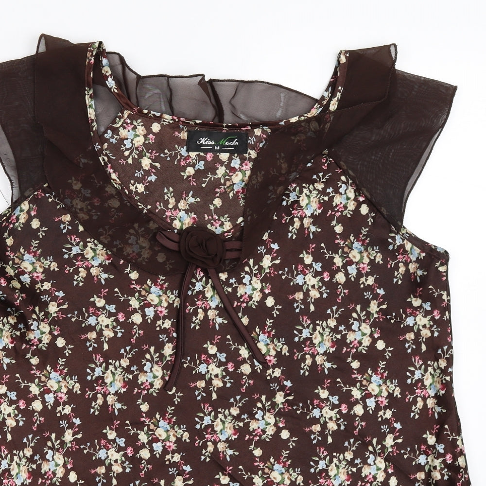 Kiss Mode Womens Brown Floral  Basic Blouse Size M