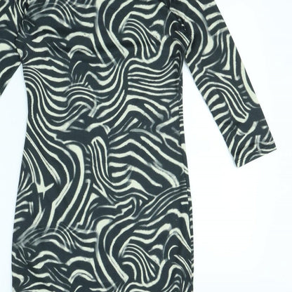 Brand and care label for Atmosphere women’s black geometric mini, size UK 10
