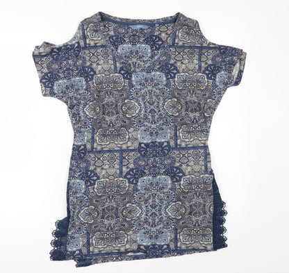 Next Womens Blue Geometric  Basic T-Shirt Size 6  - COLD SHOULDER