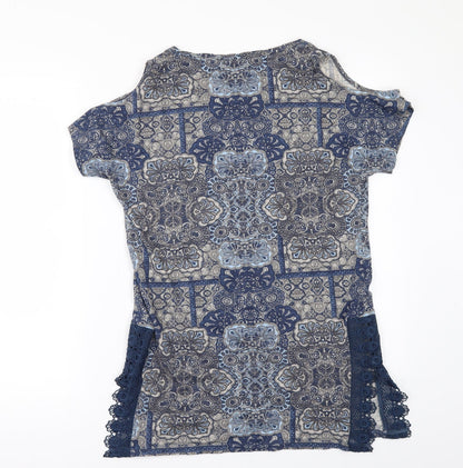 Next Womens Blue Geometric  Basic T-Shirt Size 6  - COLD SHOULDER