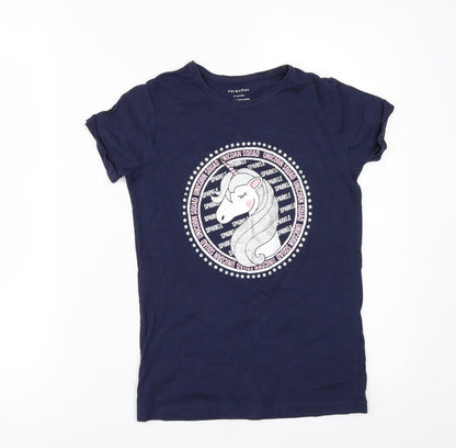 Preloved Primark Girls Blue   Basic T-Shirt Size 10-11 Years  - Unicorn - Front