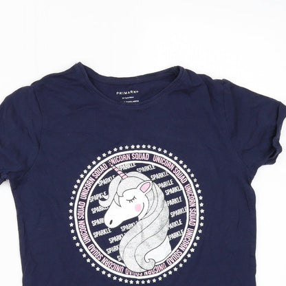 Preloved Primark Girls Blue   Basic T-Shirt Size 10-11 Years  - Unicorn - Detail