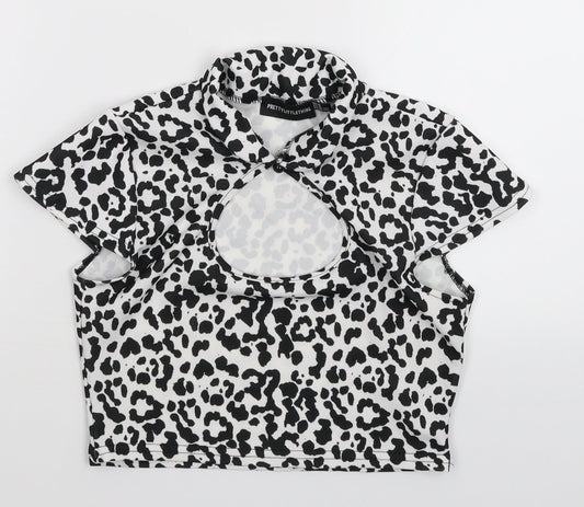 PRETTYLITTLETHING Womens White Animal Print  Cropped T-Shirt Size 8