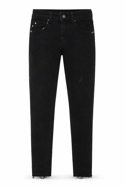 Front view of Denim & Co. women’s black denim skinny jeans, size UK 6, 26-inch leg