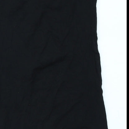 Brand and care label for Miss Selfridge women’s black basic t-shirt, size UK 8
