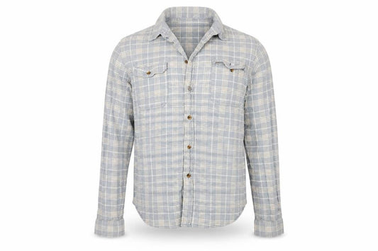 Front view of Goodfellows & co men’s grey check button-up, size L
