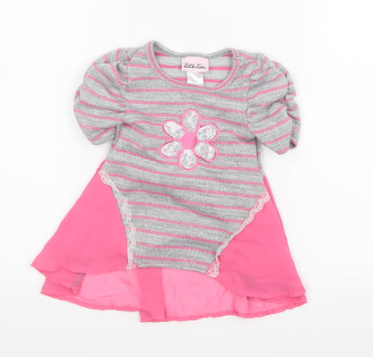 Additional front view of Little Lass girls’ grey striped basic t-shirt, size 2, years