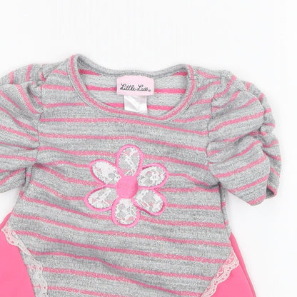 Close-up detail of Little Lass girls’ grey striped basic t-shirt, size 2, years