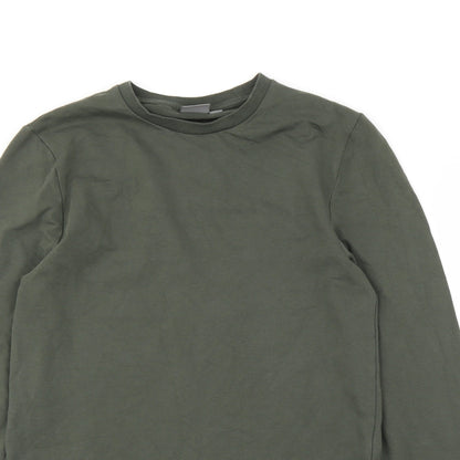 Close-up detail of ASOS men’s green pullover sweatshirt, size S