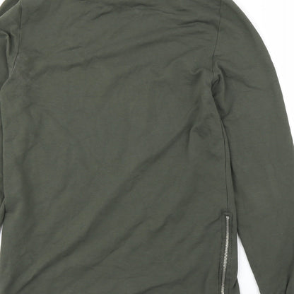 Brand and care label for ASOS men’s green pullover sweatshirt, size S