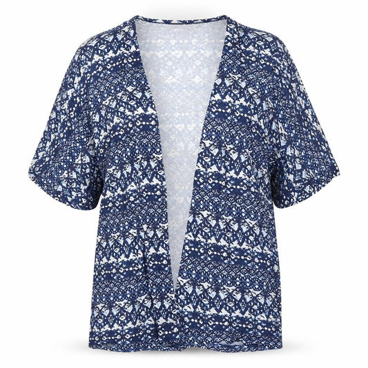 Front view of Next women’s blue geometric cardigan jumper, size UK 10