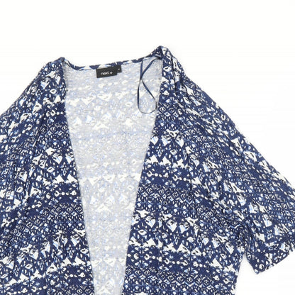 Close-up detail of Next women’s blue geometric cardigan jumper, size UK 10
