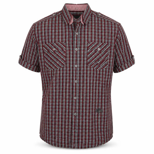 Front view of Soviet men’s red check button-up, size L