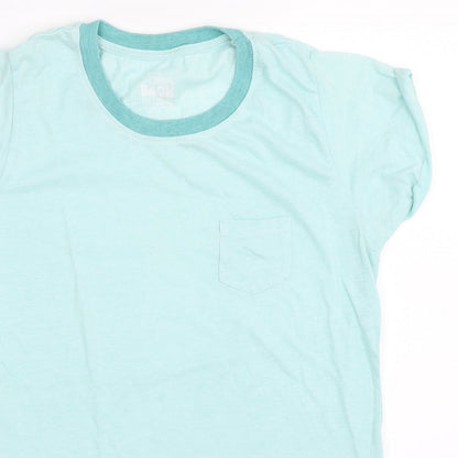 Close-up detail of Atmosphere women’s blue basic t-shirt, size UK 12