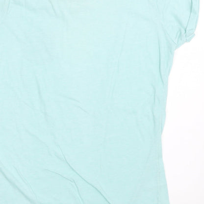 Brand and care label for Atmosphere women’s blue basic t-shirt, size UK 12