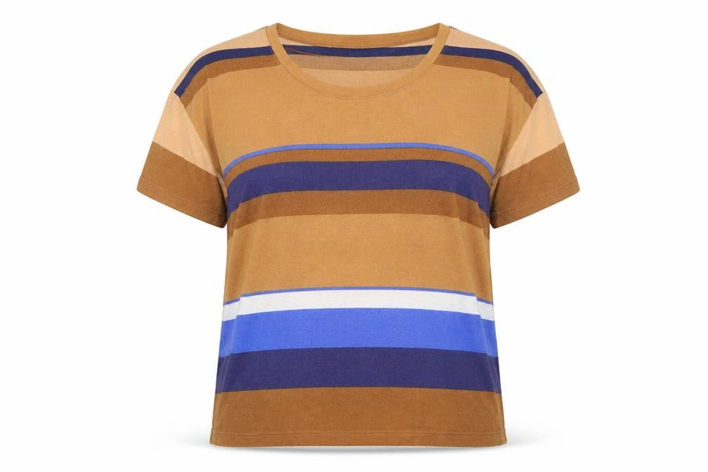 Denim & Co. Womens Brown Striped  Basic T-Shirt Size 14