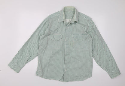 Additional front view of INL women’s green striped basic button-up, size UK 12