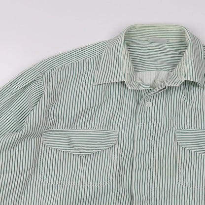 Close-up detail of INL women’s green striped basic button-up, size UK 12