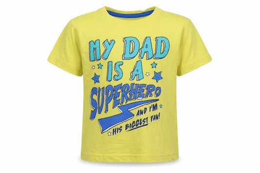 Front view of Primark boys’ yellow basic t-shirt, size 2-3, years - my dad is a superhero