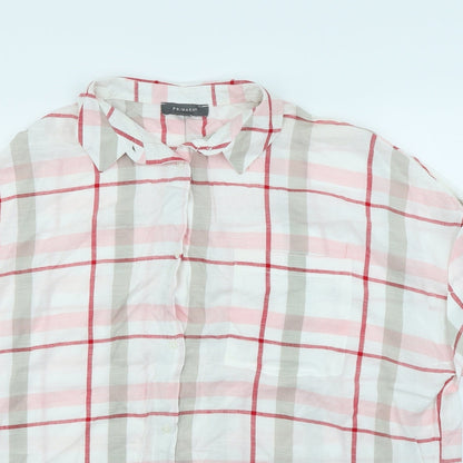 Close-up detail of Primark women’s white check basic button-up, size UK 14