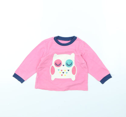 Front view of Nutmeg girls’ pink basic t-shirt, size 9-12, months - owl