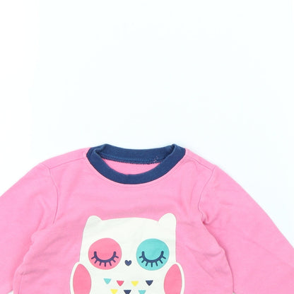 Close-up detail of Nutmeg girls’ pink basic t-shirt, size 9-12, months - owl