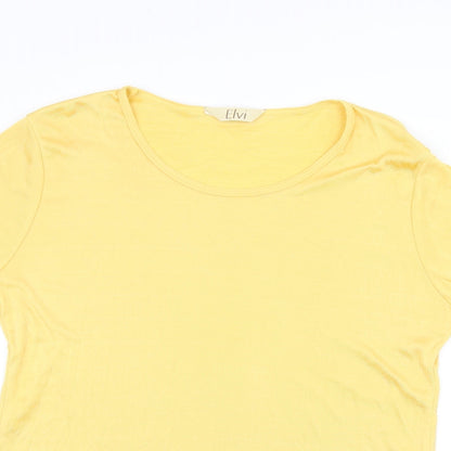 Close-up detail of ELVI women’s yellow basic t-shirt, size M