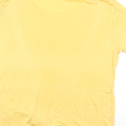 Brand and care label for ELVI women’s yellow basic t-shirt, size M