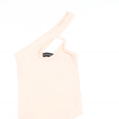 Close-up detail of PRETTYLITTLETHING women’s pink basic t-shirt, size UK 6