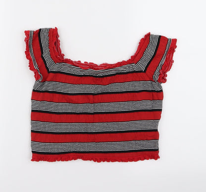 Front view of New Look women’s red striped cropped blouse, size UK 10