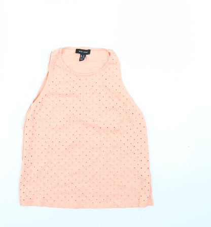 Front view of New Look women’s orange floral basic tank, size UK 10
