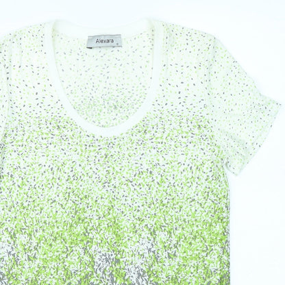 Close-up detail of Alexara women’s green floral basic t-shirt, size UK 10