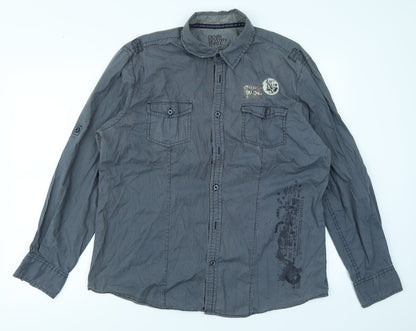Additional front view of Denim Seventy3 men’s blue striped button-up, size L