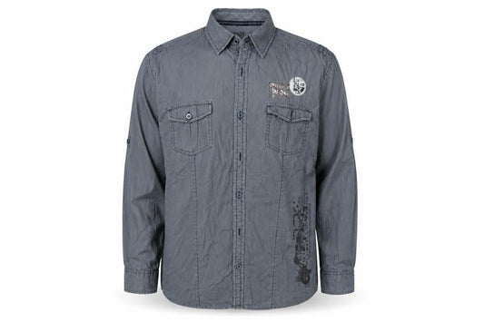 Front view of Denim Seventy3 men’s blue striped button-up, size L