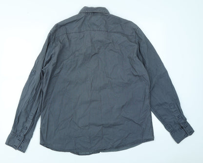 Back view of Denim Seventy3 men’s blue striped button-up, size L