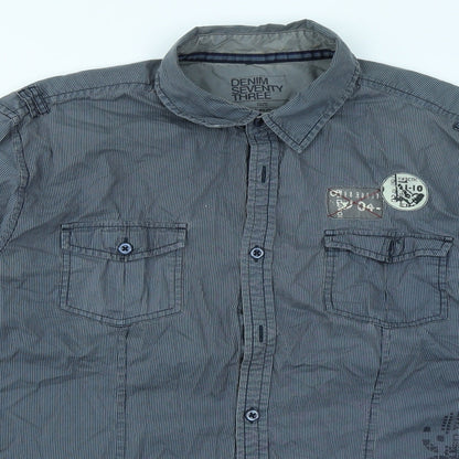 Close-up detail of Denim Seventy3 men’s blue striped button-up, size L